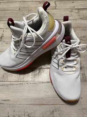 adidas White Sneakers with Maroon & Coral Accents